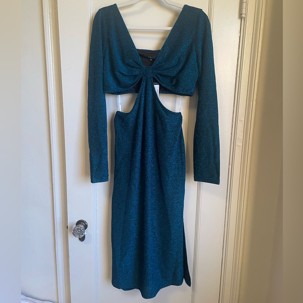 Lulu’s Sparks of Love Metallic Blue Cutout Long Sleeve Midi Dress - XL - NWT - Picture 6 of 9